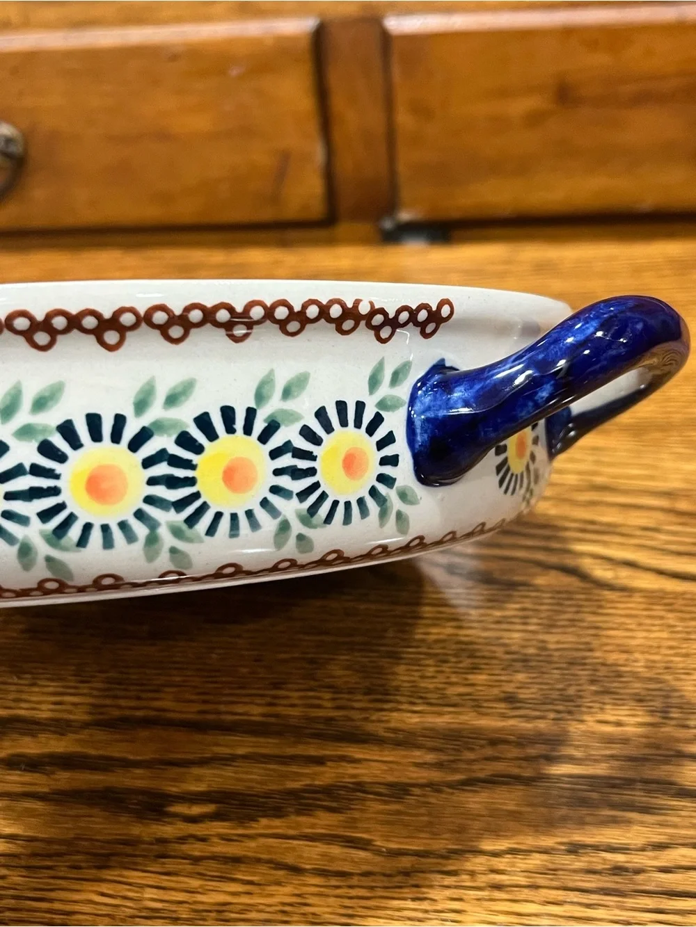 Vintage Polish Pottery Handled Baking Dish / Pie Plate – Floral Blue & White